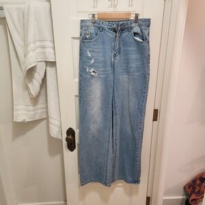 SHEIN Light Blue Distressed Flare Jeans